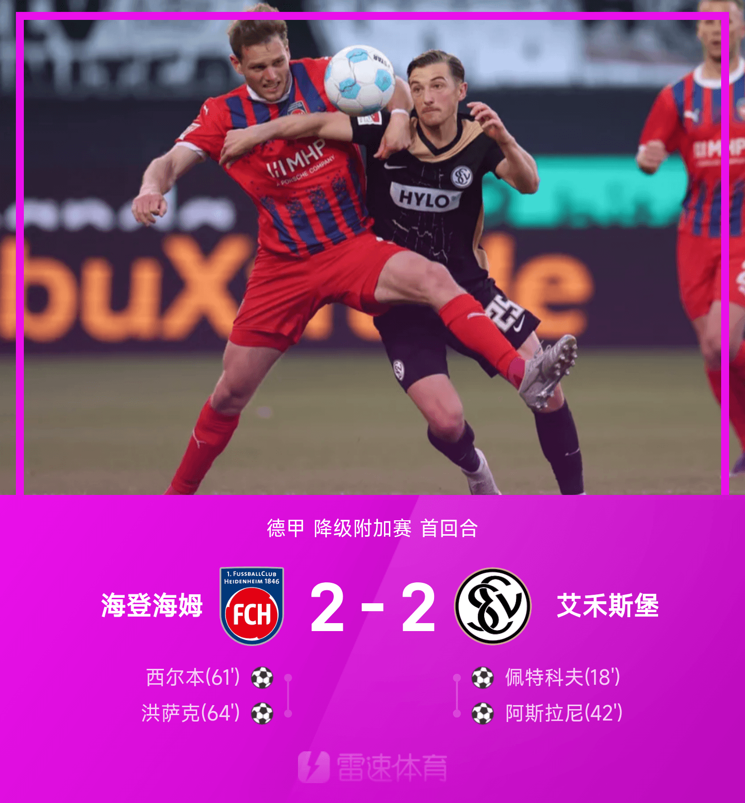 ⚽德甲战报：阿斯拉尼传射，西尔本、洪萨克破门，海登海姆2-2艾禾斯堡